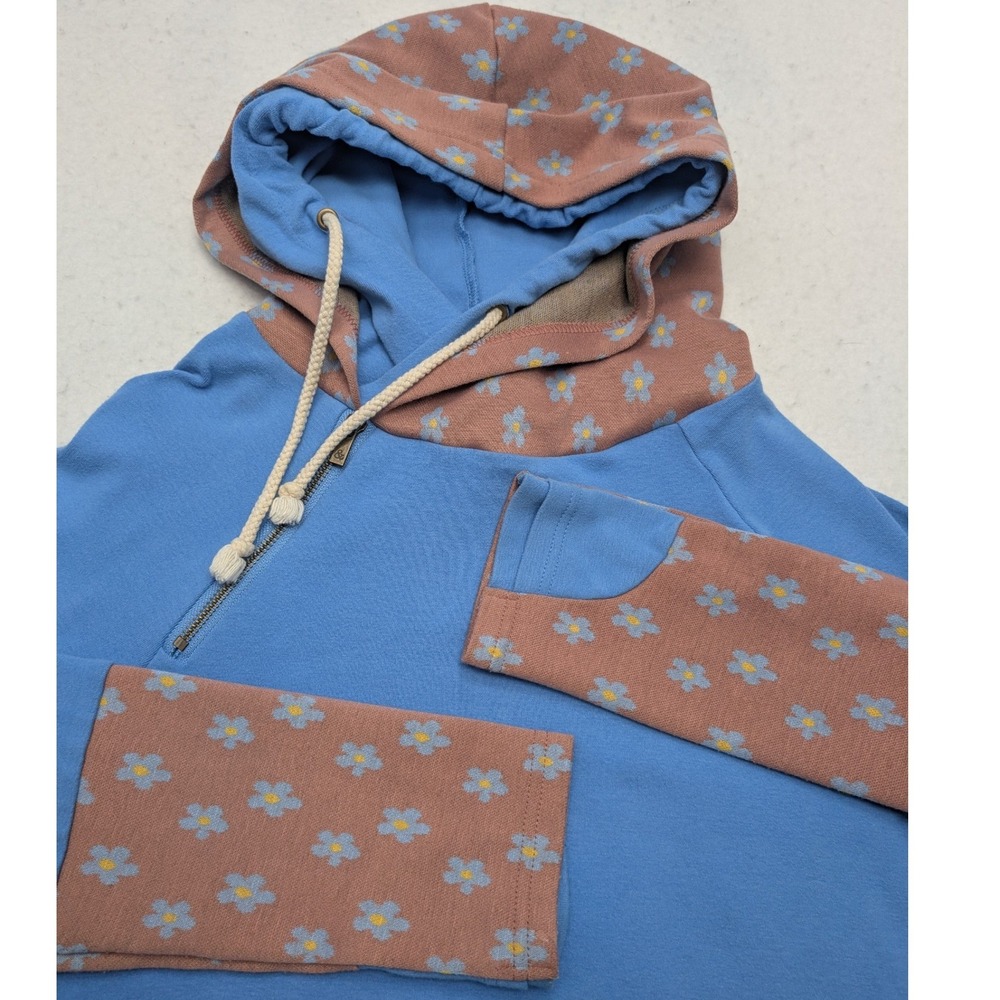 Ampersand Avenue Hoodie Women L Blue Floral Quarter Zip Thumbhole